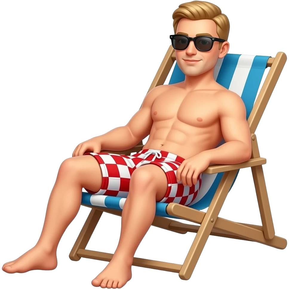 blonder man mit der sonnenbrille und badehose mit dem karo weiss-rot muster sitzt im strand-liegestuhl ganzer körper emoji