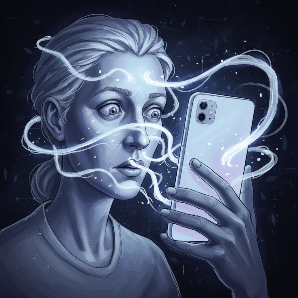 Лицо человека, который держит близко перед лицом смартфон и экран будто бы засасывает его мысли и лицо, слегка рисованный но при этом объемный стиль emoji