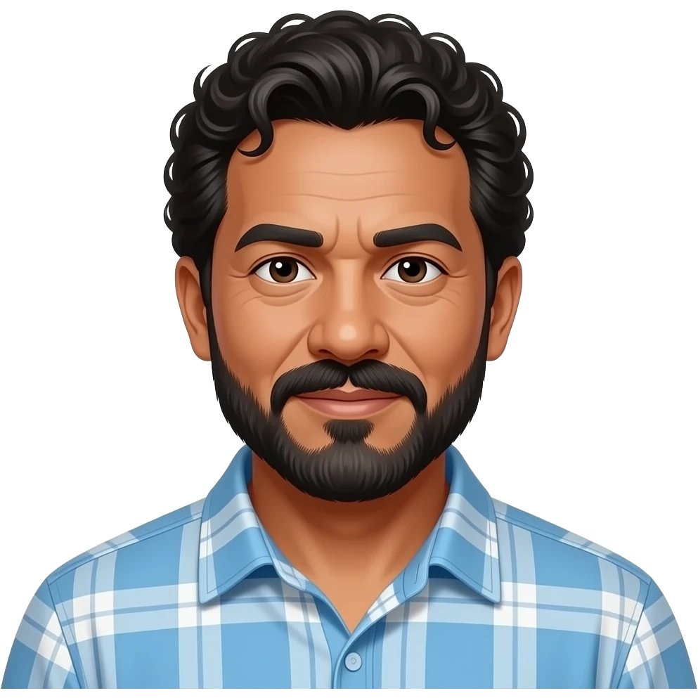 Picture of a 60 year old Pacific Islander man with curly hair, muschtach and Beard emoji