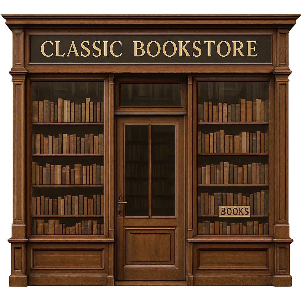 a storefront with a classic book sign, classic bookstore look, no background emoji