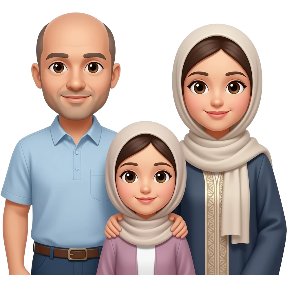 family the dad with short bald hair and me is a girl with a hijab and my mom have a abayah emoji