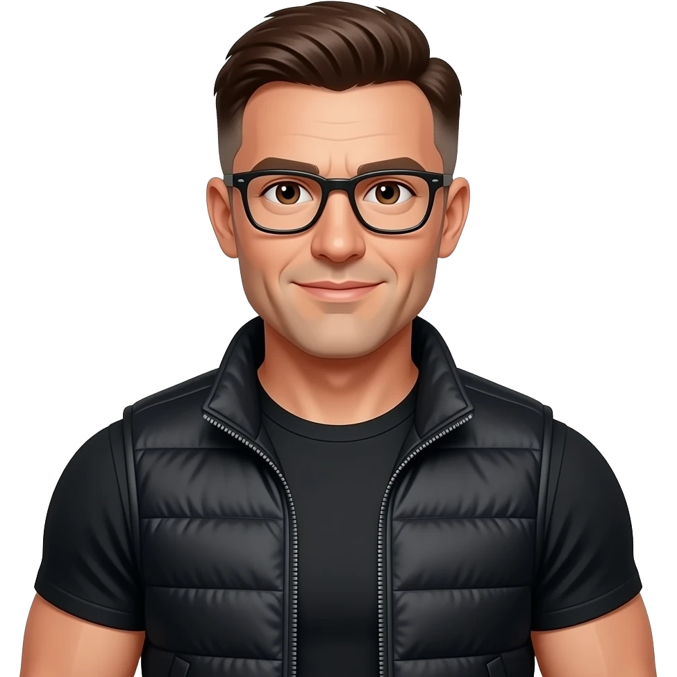 Brown hair, short back and sides haircut, 45 years old, glasses, black gilet, brown eyes, black round neck t shirt, sporty, muscular emoji