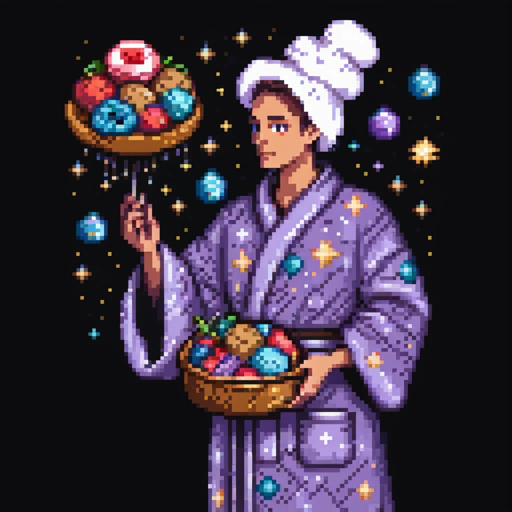 Portrait of a surreal baker floating among stars, wearing a galaxy-patterned robe, holding stardust ingredients, skeuomorphism style emoji