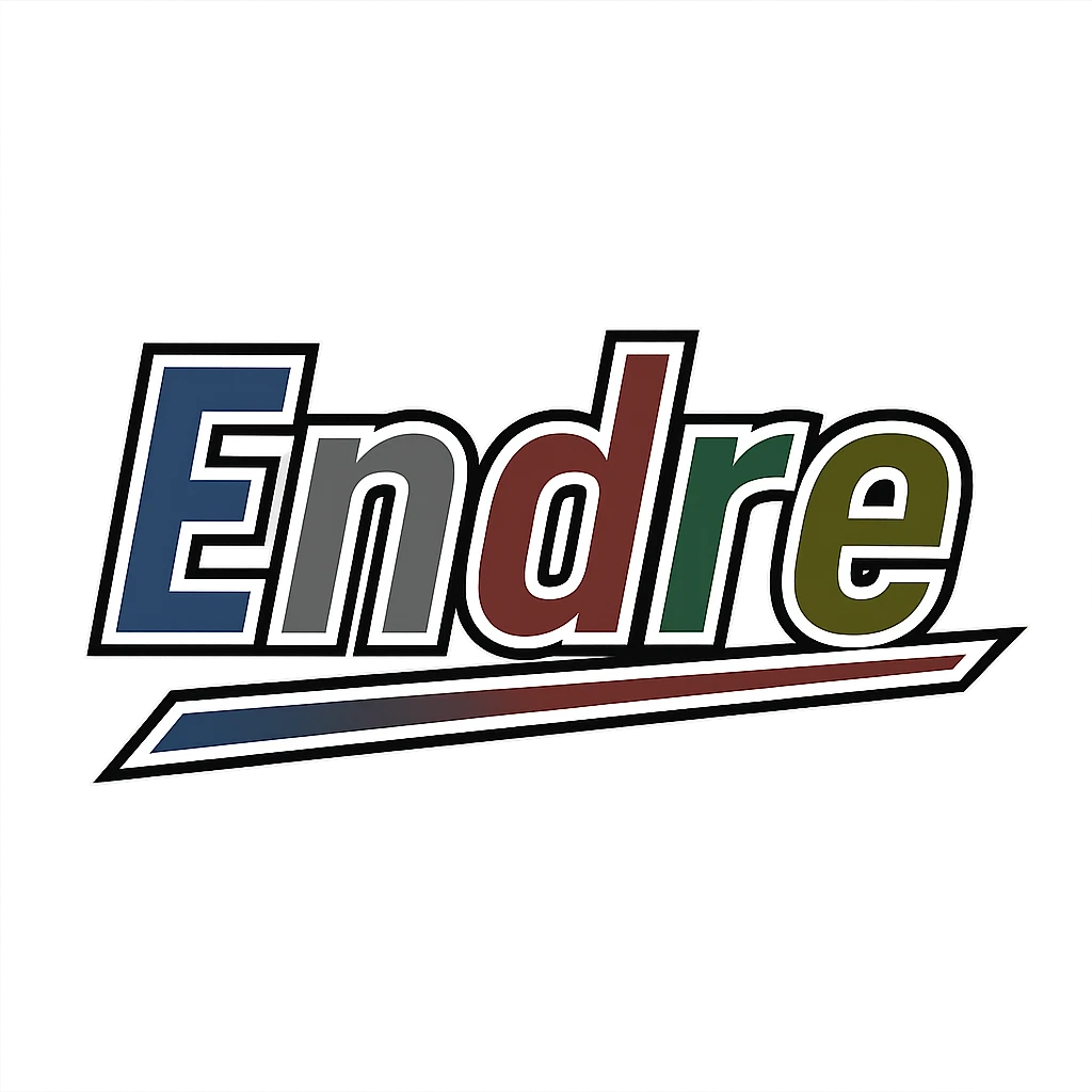 Endre name in masculine, modern gradient font with precise Hungarian characters, dark outline, extra bold, prominent white letter border, dynamic slanted underline, masculine color gradient (blue, gray, burgundy, green, brown), 1000x1000 px, PNG, transparent background emoji