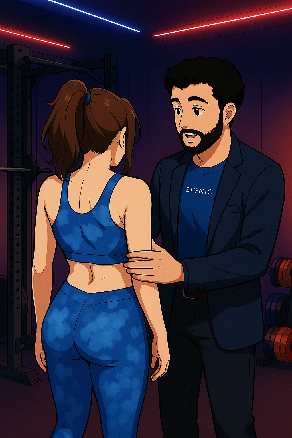 ispirati a questo stile di disegno e fai questa immagine in versione manga/webtoon a colori, il manga mostra la donna di spalle, mentre l'uomo le tocca la spina dorsale per spiegarle come funziona la scoliosi:
Con una scoliosi il baricentro corporeo cade maggiormente da un lato; per non cadere la schiena compensa accumulando tensione sul fianco opposto.
Il risultato? Si inclina e ruota sempre più, fino a che non cede (discopatie, artrosi, ecc) emoji