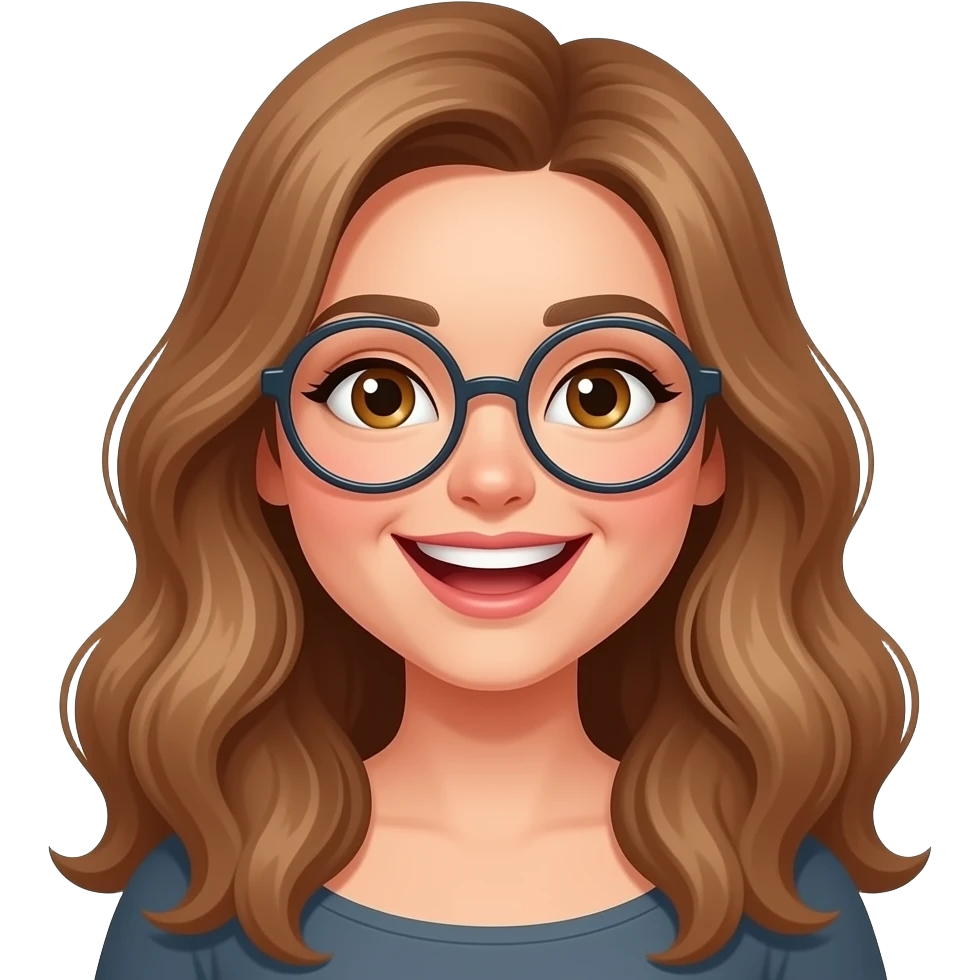 detailed emoji illustration of a curvy woman with long light brown wavy hair, light brown eyes and round glasses laughing and making a joke, playful april fools prank vibe, joyful expression, cute emoji style emoji