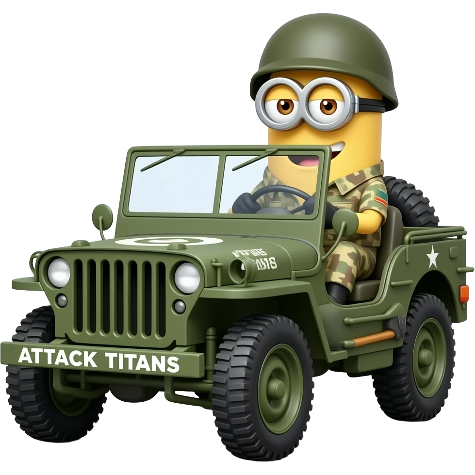 Minion in army uniform driving army jeep with Attack Titans  text on bumper emoji