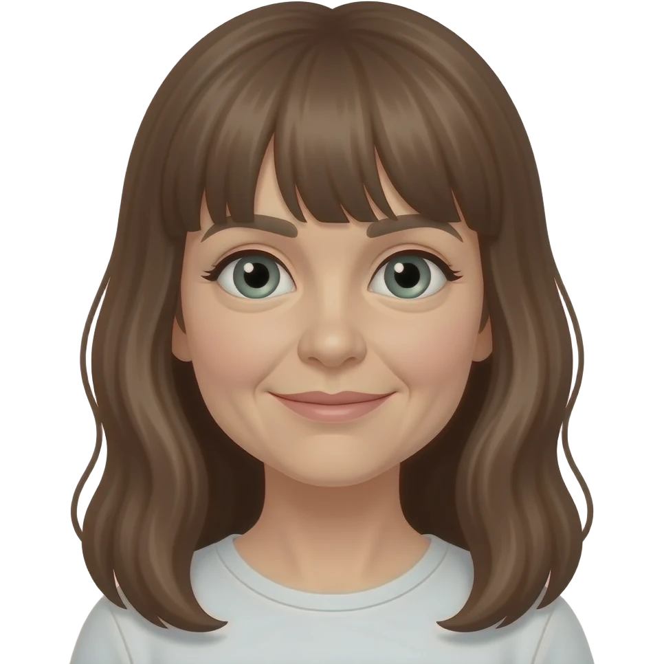 older woman with long brown hair and bangs, grey-green eyes emoji