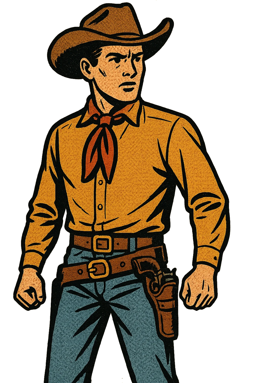 The full body of a young American West cowboy from the 1870s wearing a neck tie, cowboy hat and gun holster emoji
