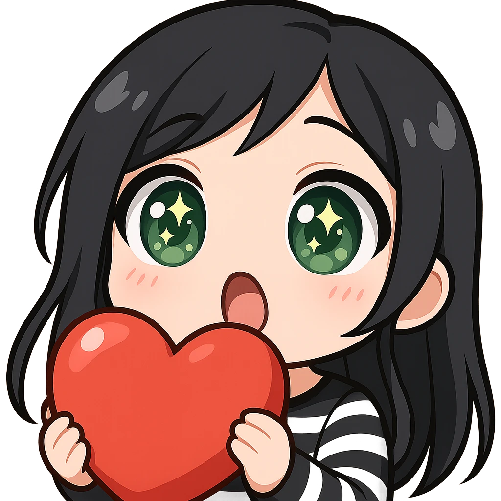 Twitch emote of a girl with black hair and green eyes, surprised expression, in a shiny, detailed chibi style with large eyes, sparkles, soft shading, and a cute surprise, matching the reference style. emoji