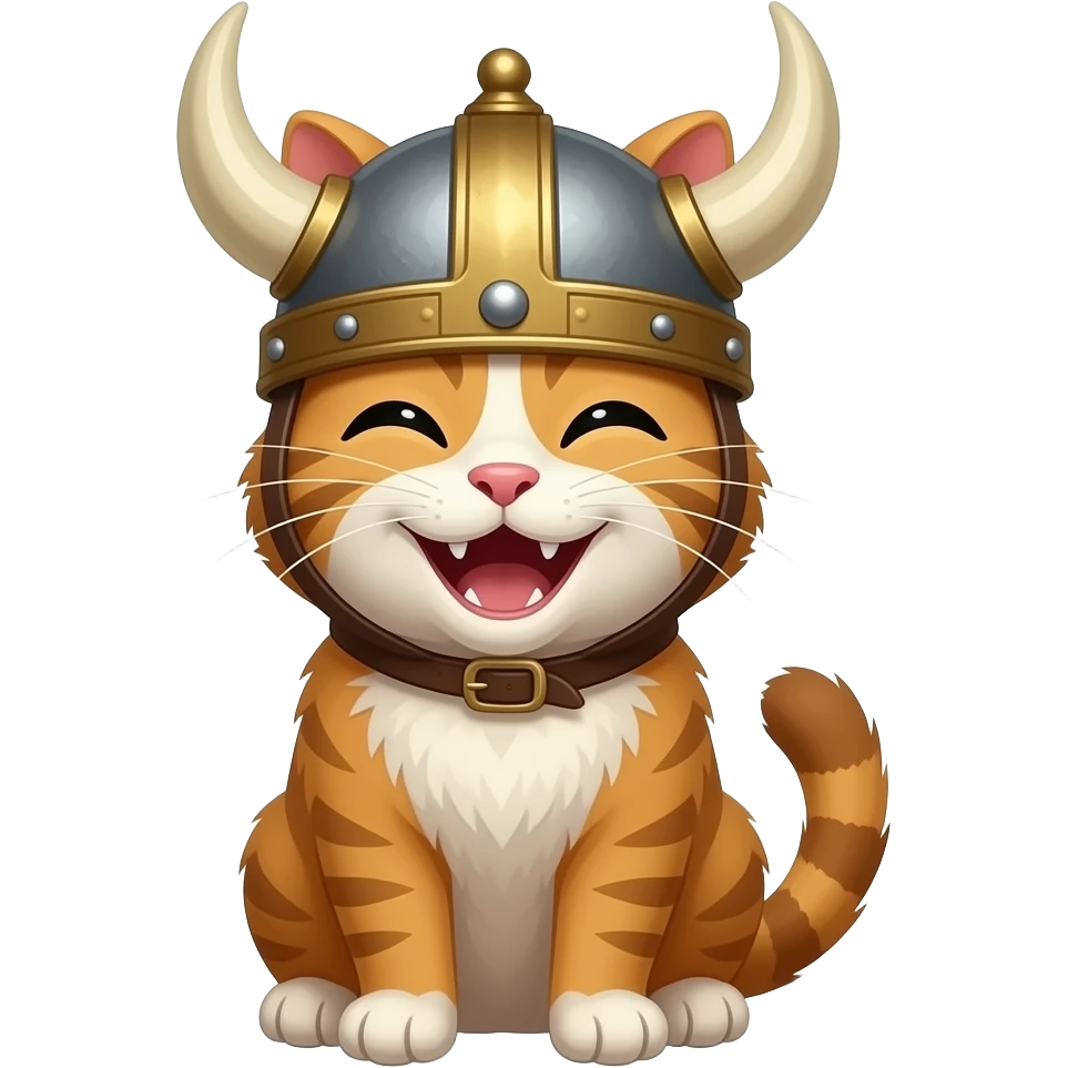 A laughing cat in an authentic Viking helmet emoji