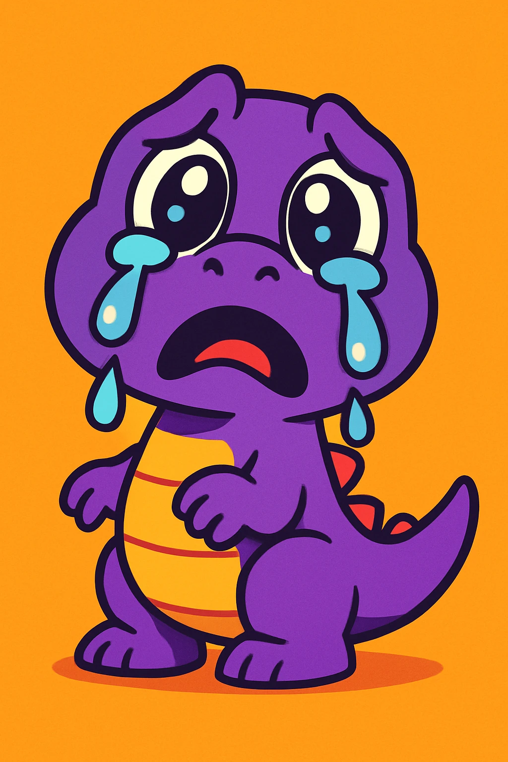 cartoon dinosaur crying, purple color, tears dripping down, vibrant, cute emoji