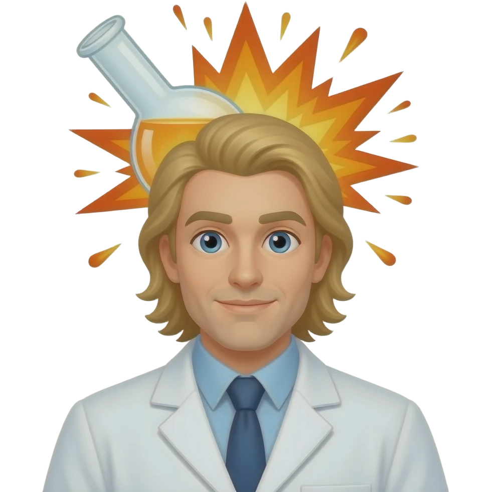male scientist with no facial hair experiencing a flask exploding near his long blonde hair emoji