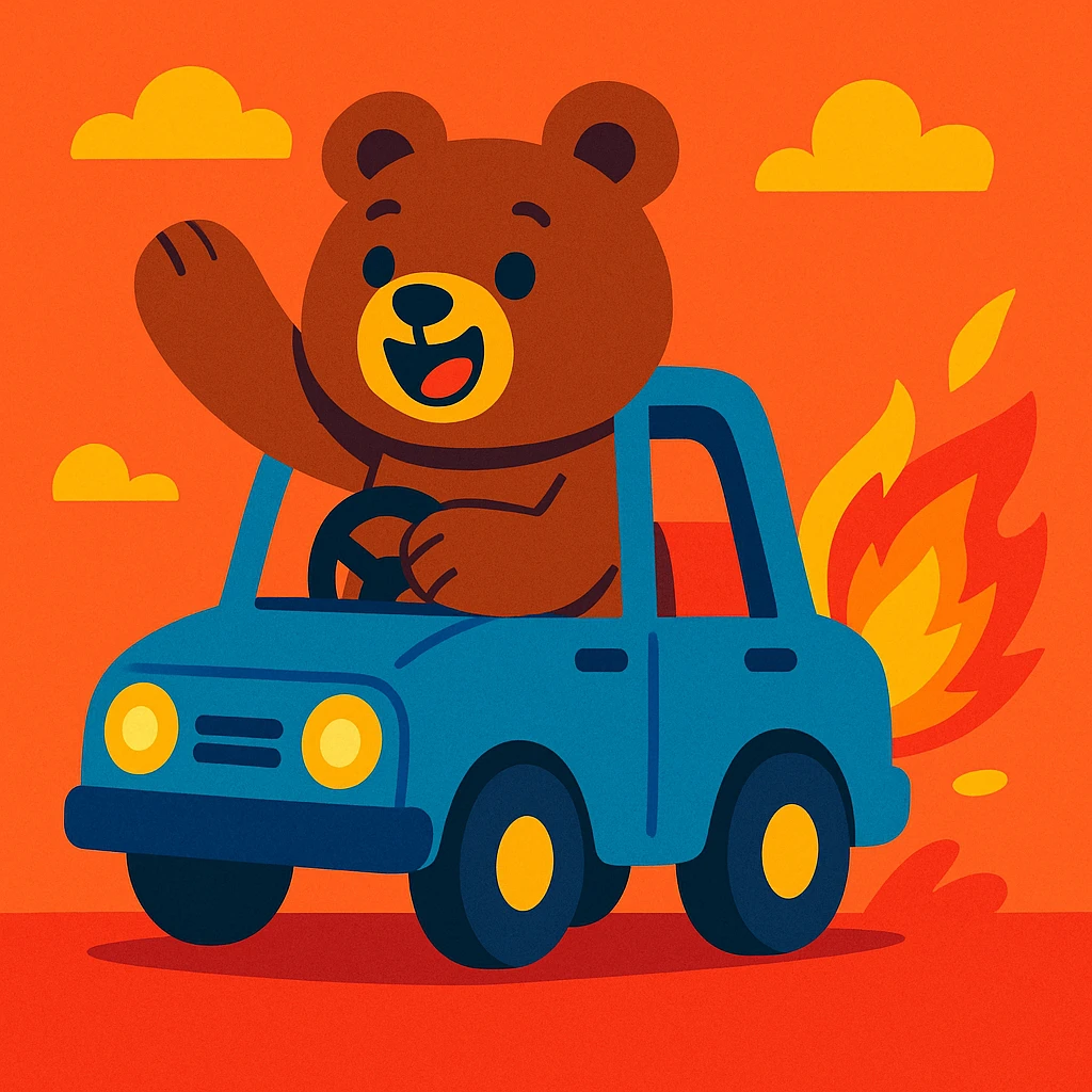 a cute brown bear in a small blue car with fire coming out, playful style, vibrant colors emoji