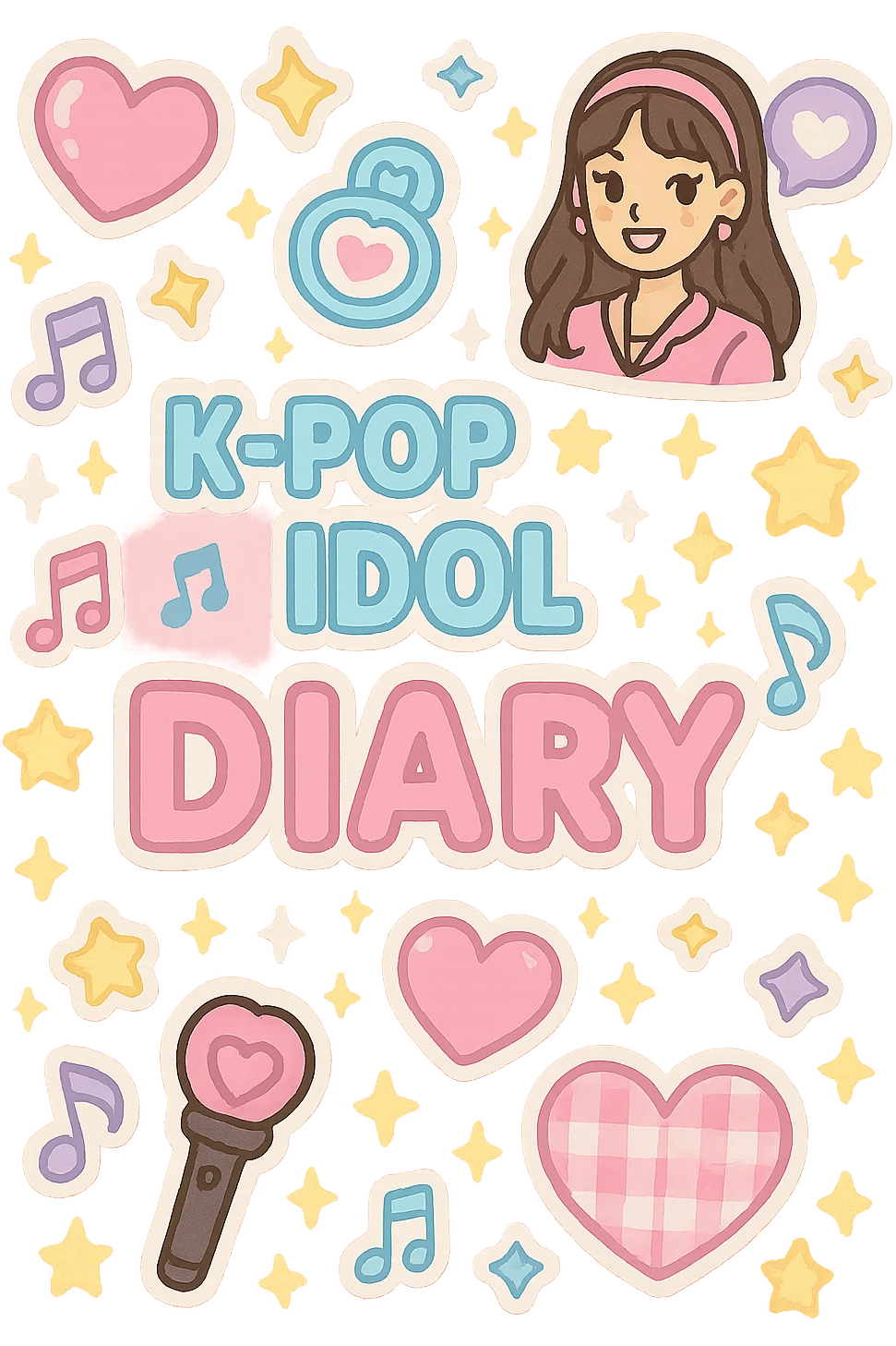 pink kpop idol diary with stickers, trendy emoji