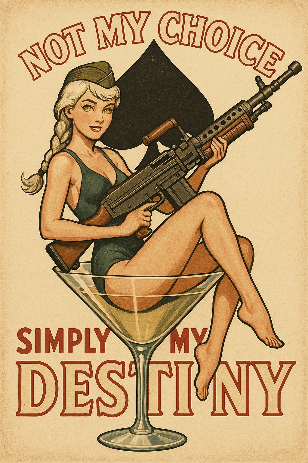 a retro military pinup " not my choice, simply my destiny "
; female figure young,gorgeous, white hair 1 braid, gold yellow eyes, sitting in a martini glass with a massive LMG in a swimsuit in front of a 'spade' emoji