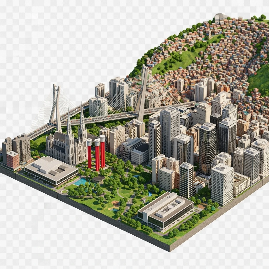 Isometric miniature of São Paulo Catedral da Sé, MASP on red pillars, Octávio Frias Bridge, and Altino Arantes building, favelas on hillsides, dense chaotic urban blocks, and green parks 3D miniature effect and Tilt Shift effect, no cartoonish look, transparent background. emoji