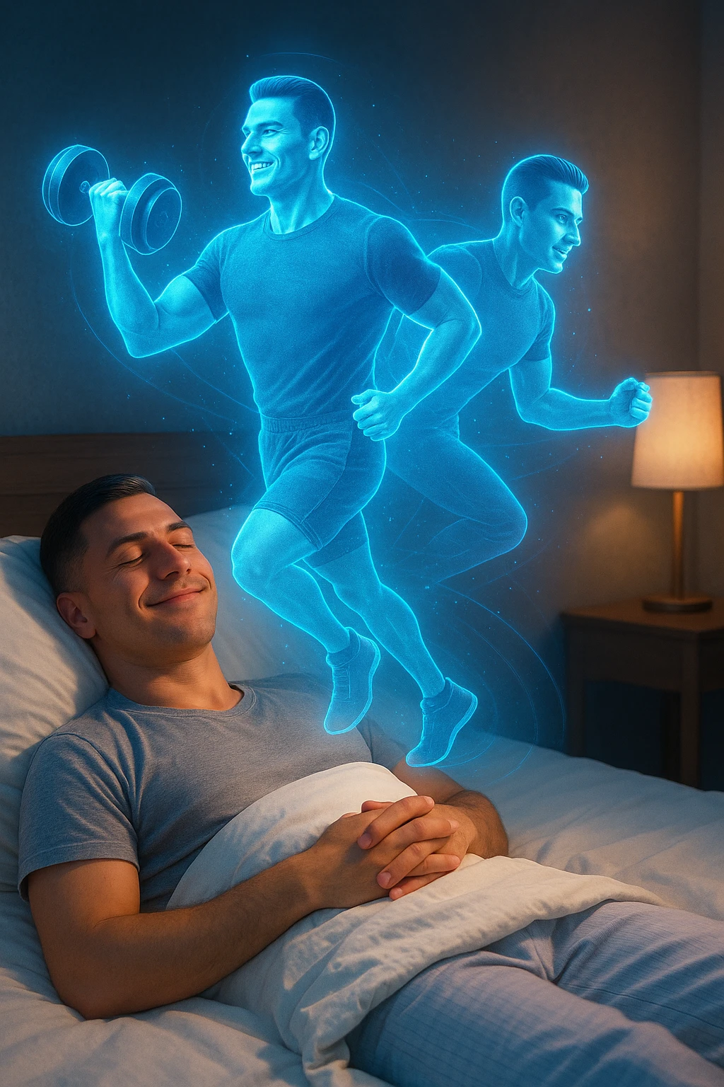 "Un uomo rilassato sdraiato a letto (in pigiama o biancheria intima), con gli occhi chiusi e un sorriso soddisfatto. Dal suo corpo si stacca un doppio olografico luminoso (il suo 'sé visualizzato') che invece sta facendo esercizio fisico con energia: solleva pesi, corre su un tapis roulant invisibile o fa flessioni a mezz'aria. emoji