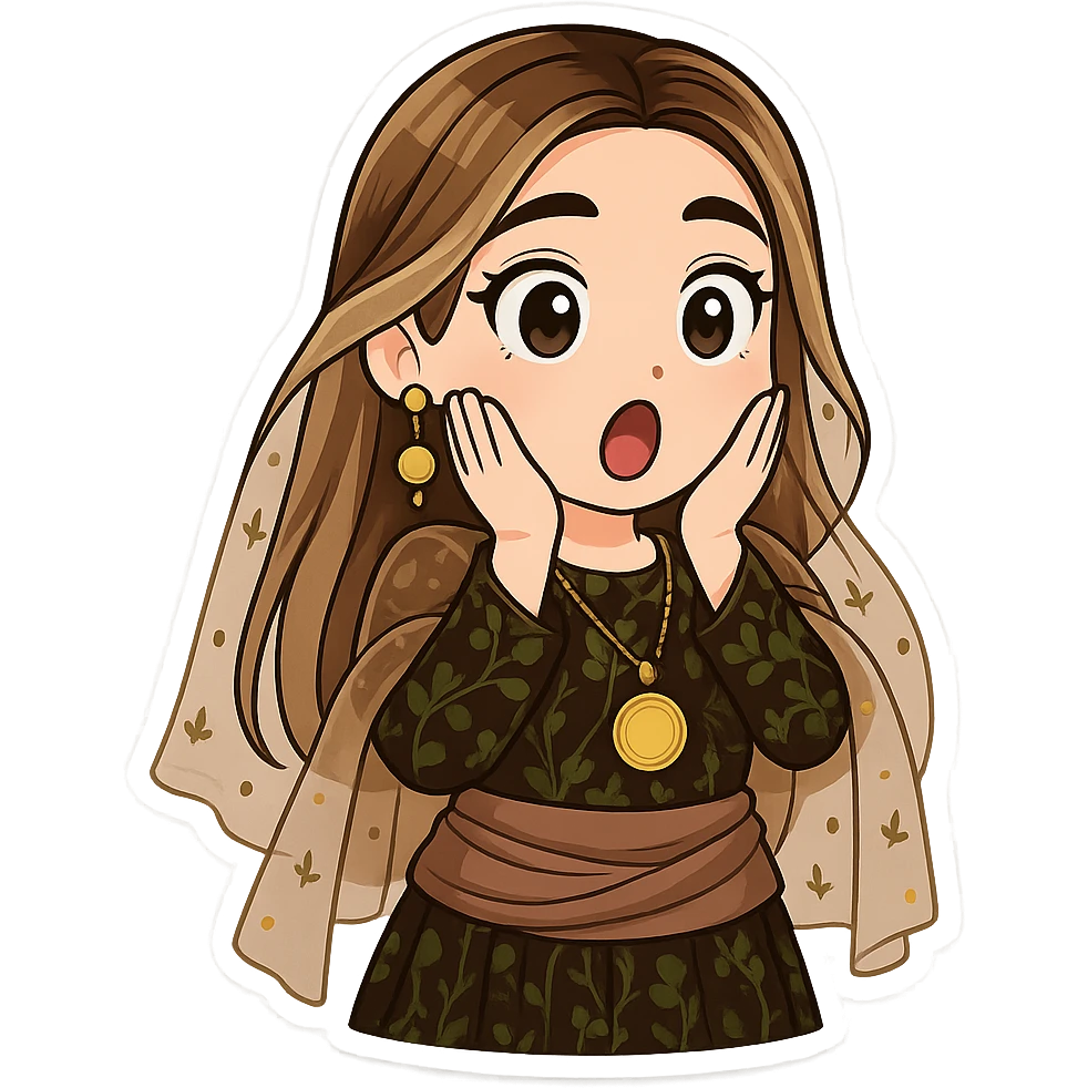 Kurdish cartoon sticker of the same woman in the new dress, surprised or shocked with hands on cheeks, mouth open, no text, transparent background, chibi stickers style. emoji