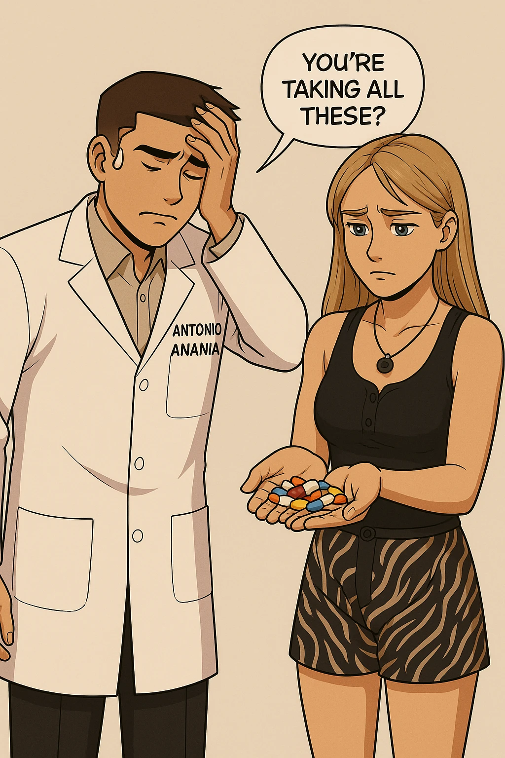 fai un webtoon/manga a colori con questo kinesiologo in camice bianco (fagli la scritta "ANTONIO ANANIA" SUL CAMICE) CHE PARLA CON QUESTA RAGAZZA CON GLI OCCHI AZZURRI. LA RAGAZZA HA UN PUGNO DI INTEGRATORI IN MANO (TANTE PILLOLE DIVERSE) E LE GUARDA DUBBIOSA. IL KINESIOLOGO CON IL CAMICE BIANCO SI TIENE UNA MANO SULLA FRONTE SCONFORTATO MENTRE LE DICE CHE STA SBAGLIANDO A PRENDERE TUTTI QUEGLI INTEGRATORI. NON FARE I FUMETTI, FAI SOLO LORO COME SE DIALOGASSERO emoji