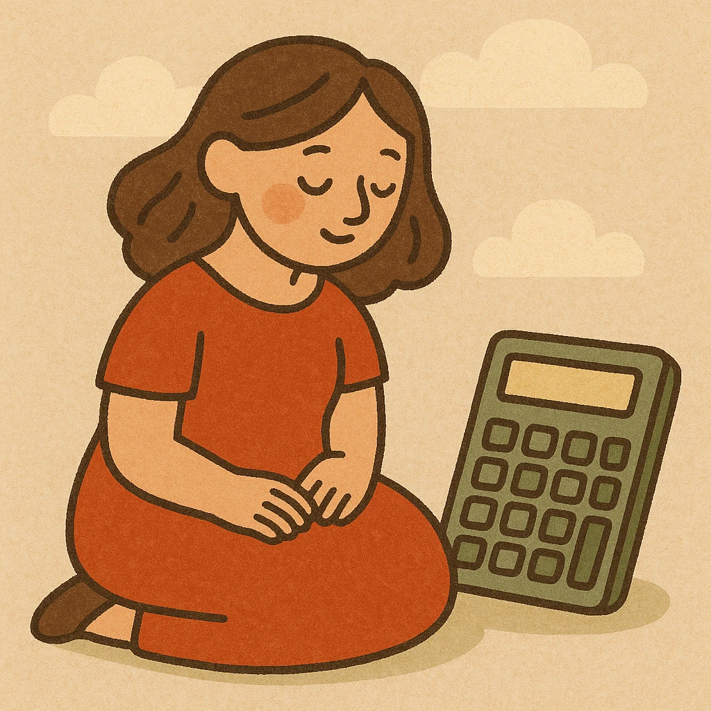 woman in a red dress, calculator beside her, modern style emoji