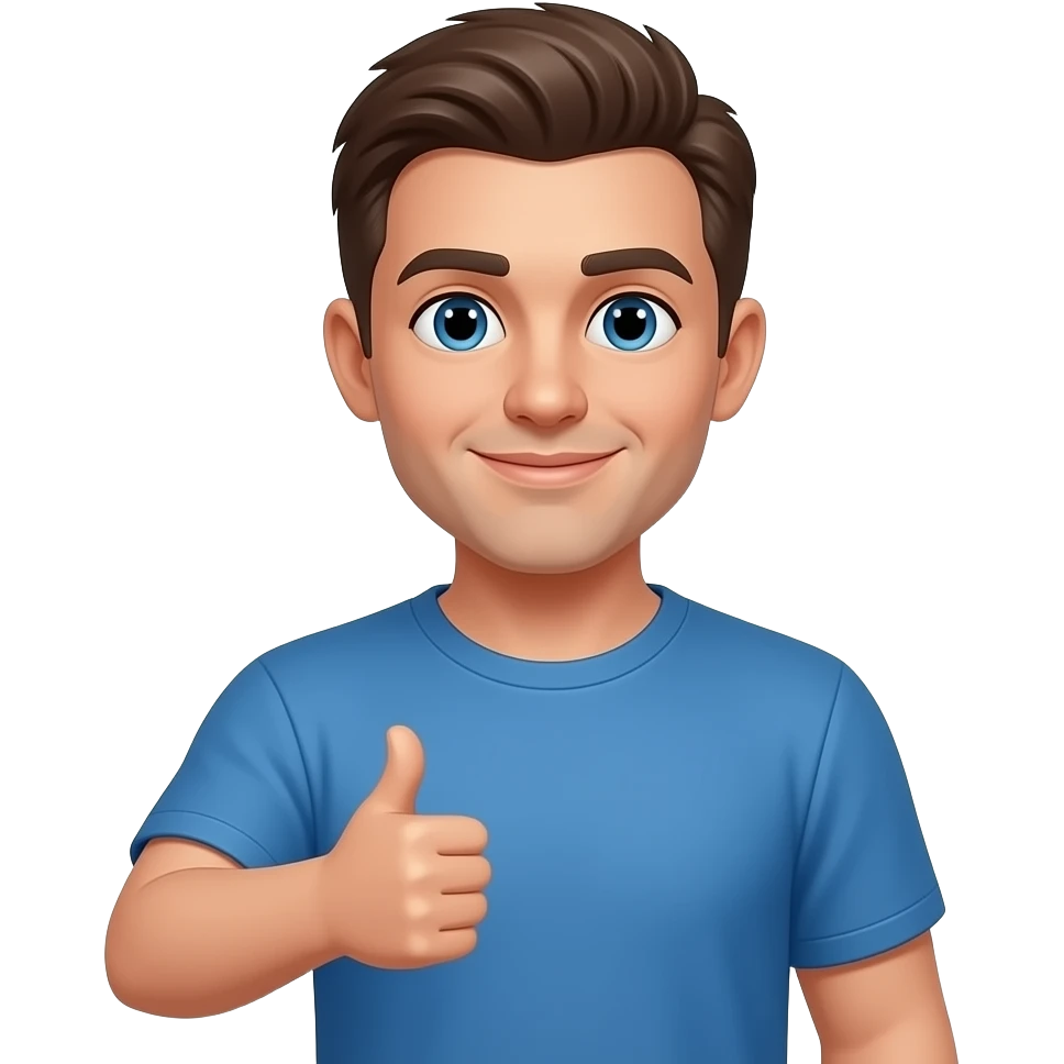 white man in blue t-shirt showing a thumb up emoji