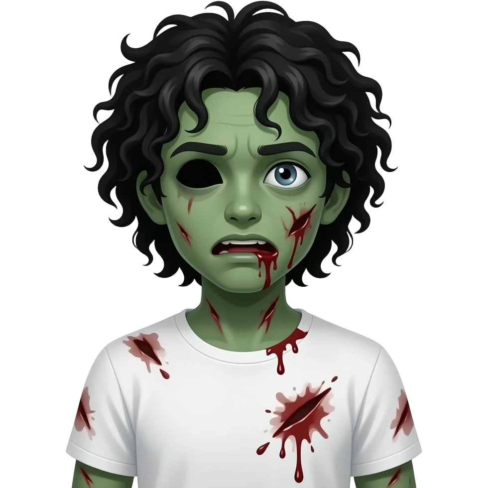 low quality, dark green skin zombie, black long curly 3c type hair, mouth slightly open with blood leaking out of mouth, wounds and on zombie, white regular tee shirt, a young teenager, no wrinkles on face at all, eyes blacked out all the way with one eye shut, bloody cuts, one eye shut emoji