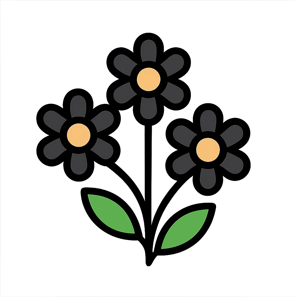 black flowers, color outline icon style, lineal color icon with black outlines emoji