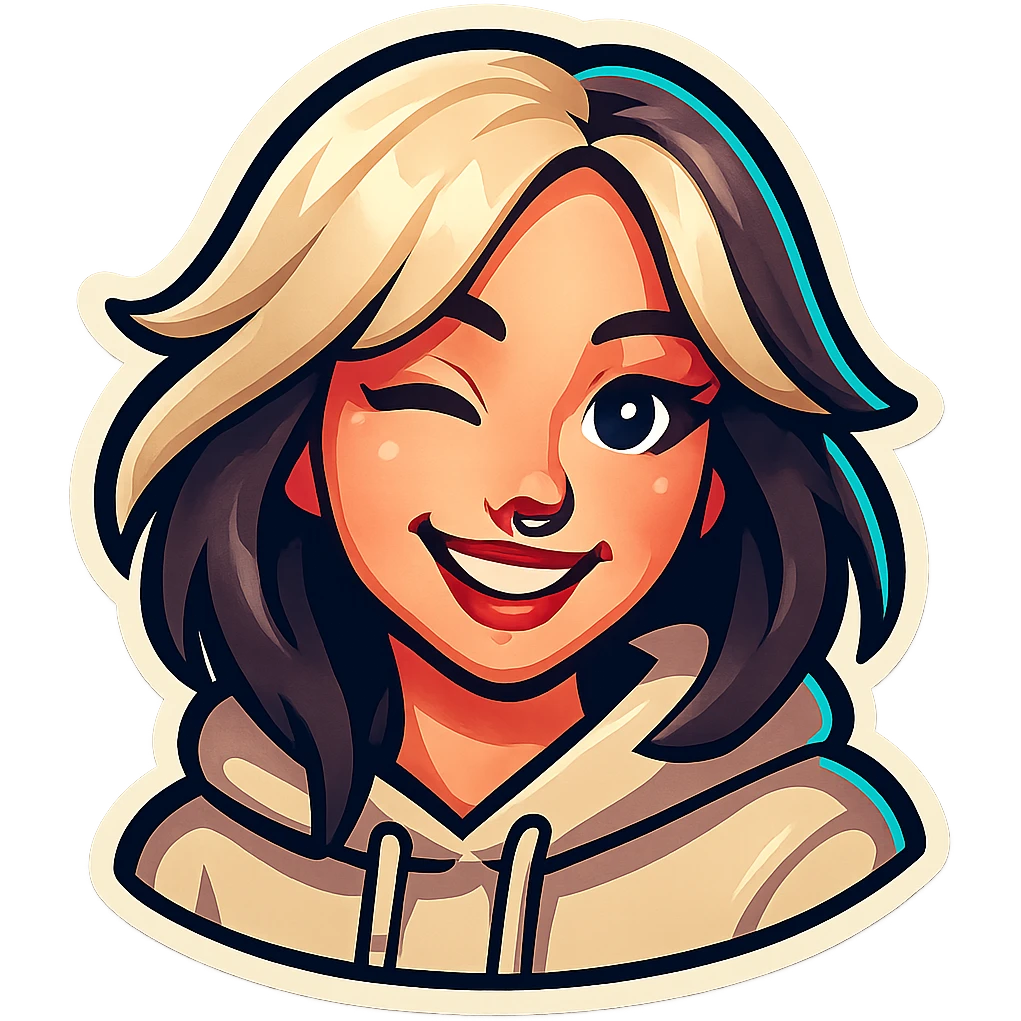 Create a character in the style of classic Telegram stickers: an alt girl as in the reference, smiling and winking, with clean outlines and bright colors, no background. emoji