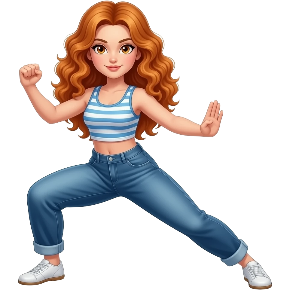 sexy girl with long curly ginger hair and ginger eyes is doing kungfu emoji