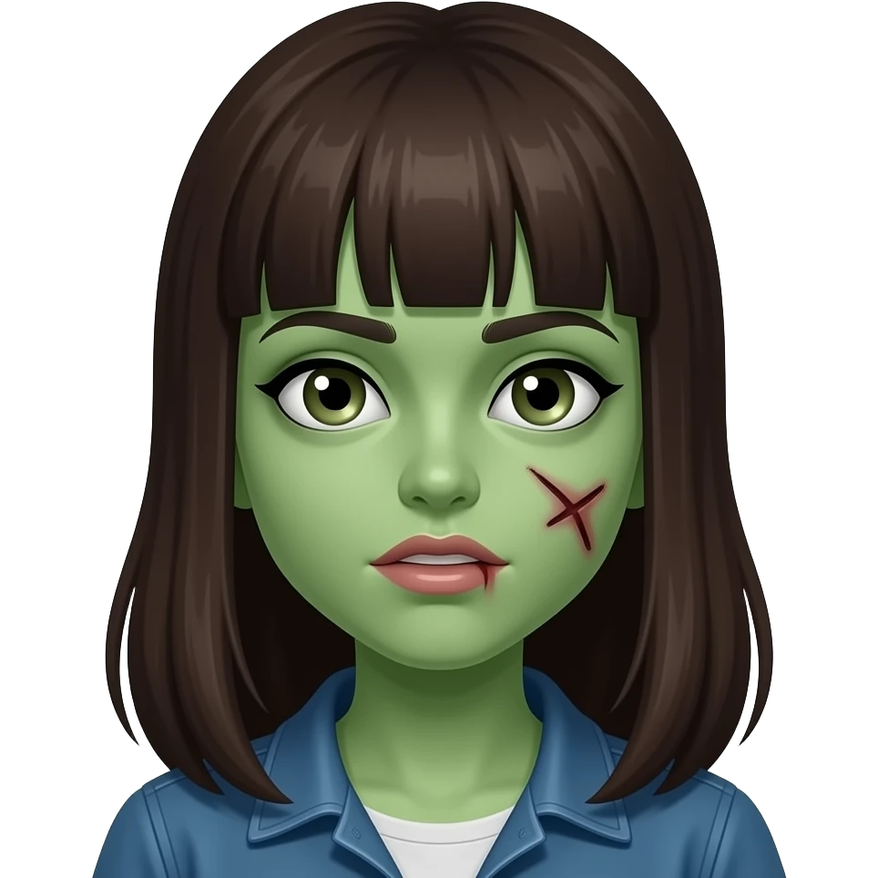 Emoji de garota zumbi, pele verde, cabelo longo com franja castanho escuro, ferimento na bochecha, estilo Memoji. franja mais arrumada emoji