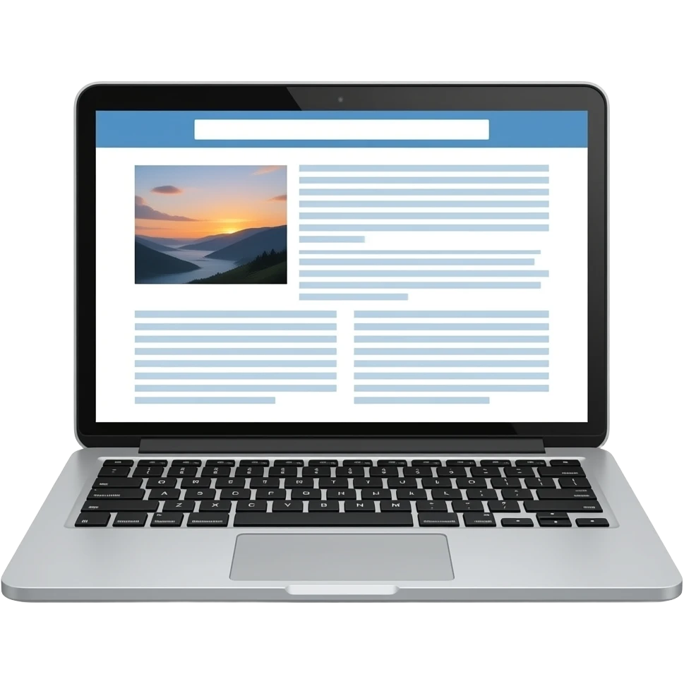 Emoji-style illustration of blogging as content creation: a laptop showing a simple social media or blog interface with text lines and a small image placeholder. Clean, minimalist design, soft shading, bright colors, rounded shapes, centered composition, transparent background. emoji