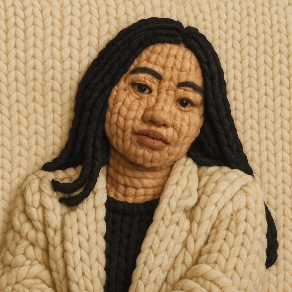 Create a portrait in knitted patch style, capturing the likeness and pose from the reference photo. Use soft yarn textures and visible knit stitches for a cozy, handcrafted look. emoji