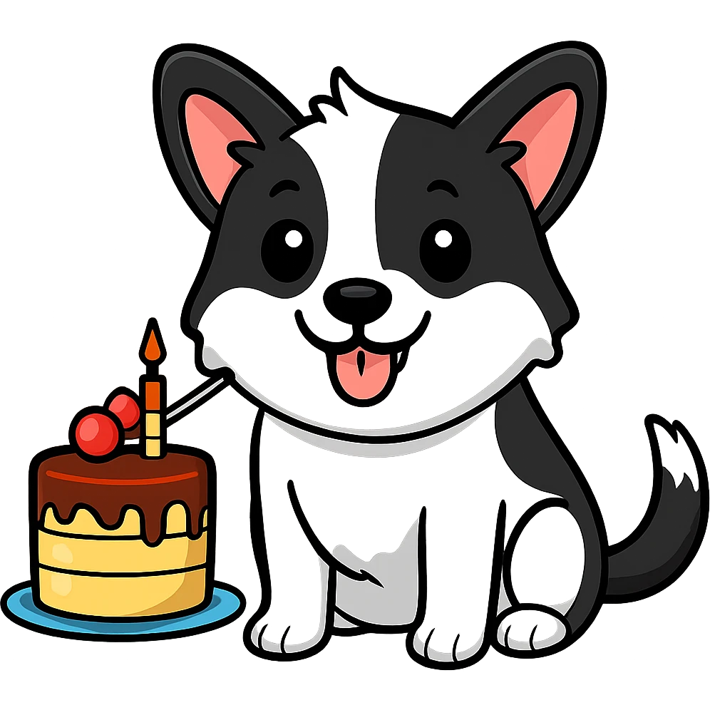 Change the dog's fur color to black and white while preserving the sticker style look. Remove the background. emoji
