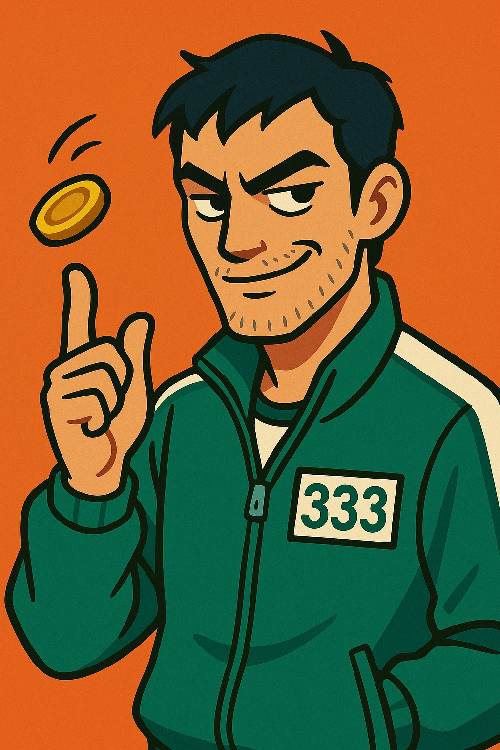 male character in a green Squid Game tracksuit with number 333, smirking, sharp black eyes, messy short black hair, slight stubble, flipping a coin, mysterious and strategic expression, vibrant toon style emoji