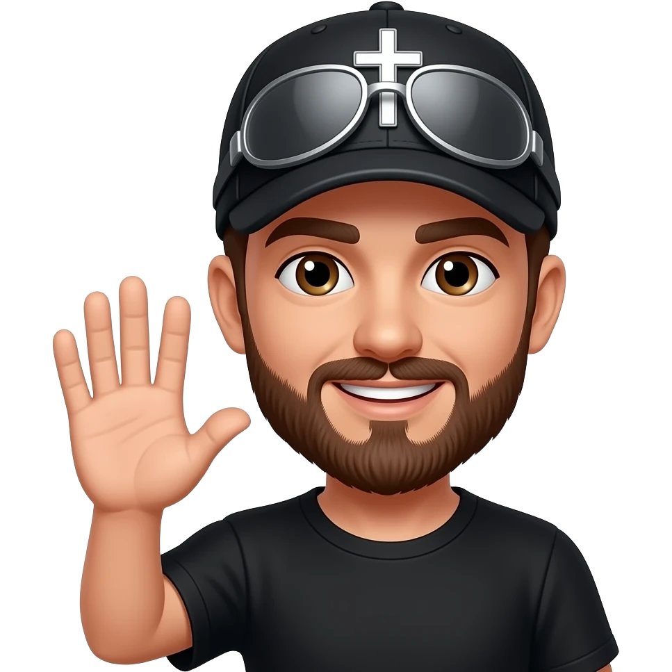 Brown eyes, rock-style cap with metallic clips on the cap visor , rock cross on the cap , black teeshirt, saying hi, no ratio, no chain, short hair , browning beard, no withstand emoji