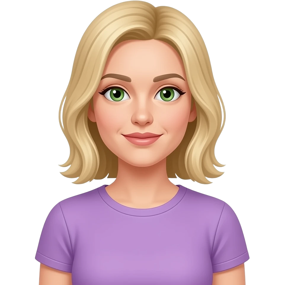 A woman in late 20s, blonde collarbone length hair, green eyes, wearing a lilac t-shirt, image up to waist emoji
