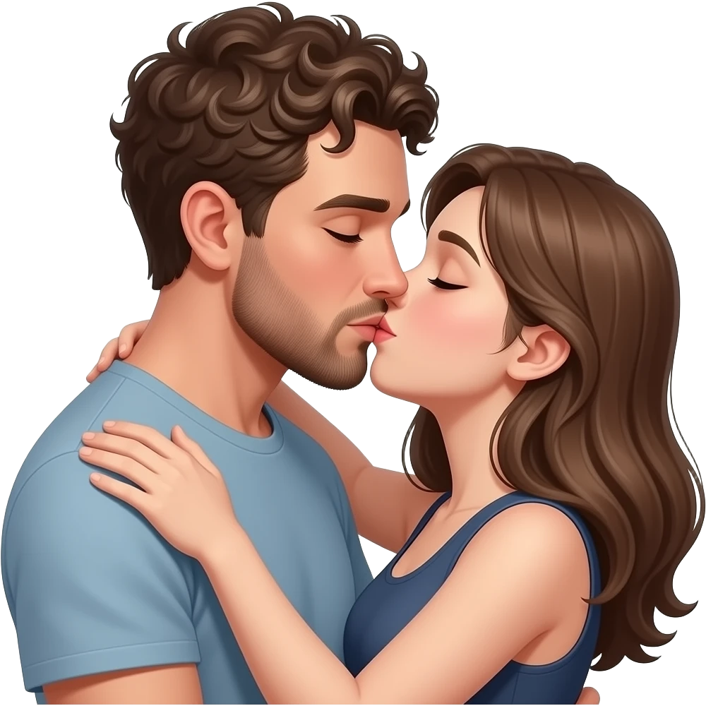 Realistic white skin man super short curly brown hair with beard kissing passionately and hugging realistic white girl brown hair emoji
