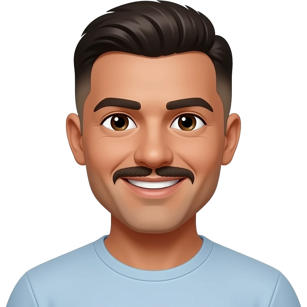 Adult, 30 years old,  brown skin, Brazilian, short faded sides, low quiff on top, clean-shaven beard, medium mustache, smiling, small eyes, dark eyes,  (don't make it so realistic) emoji