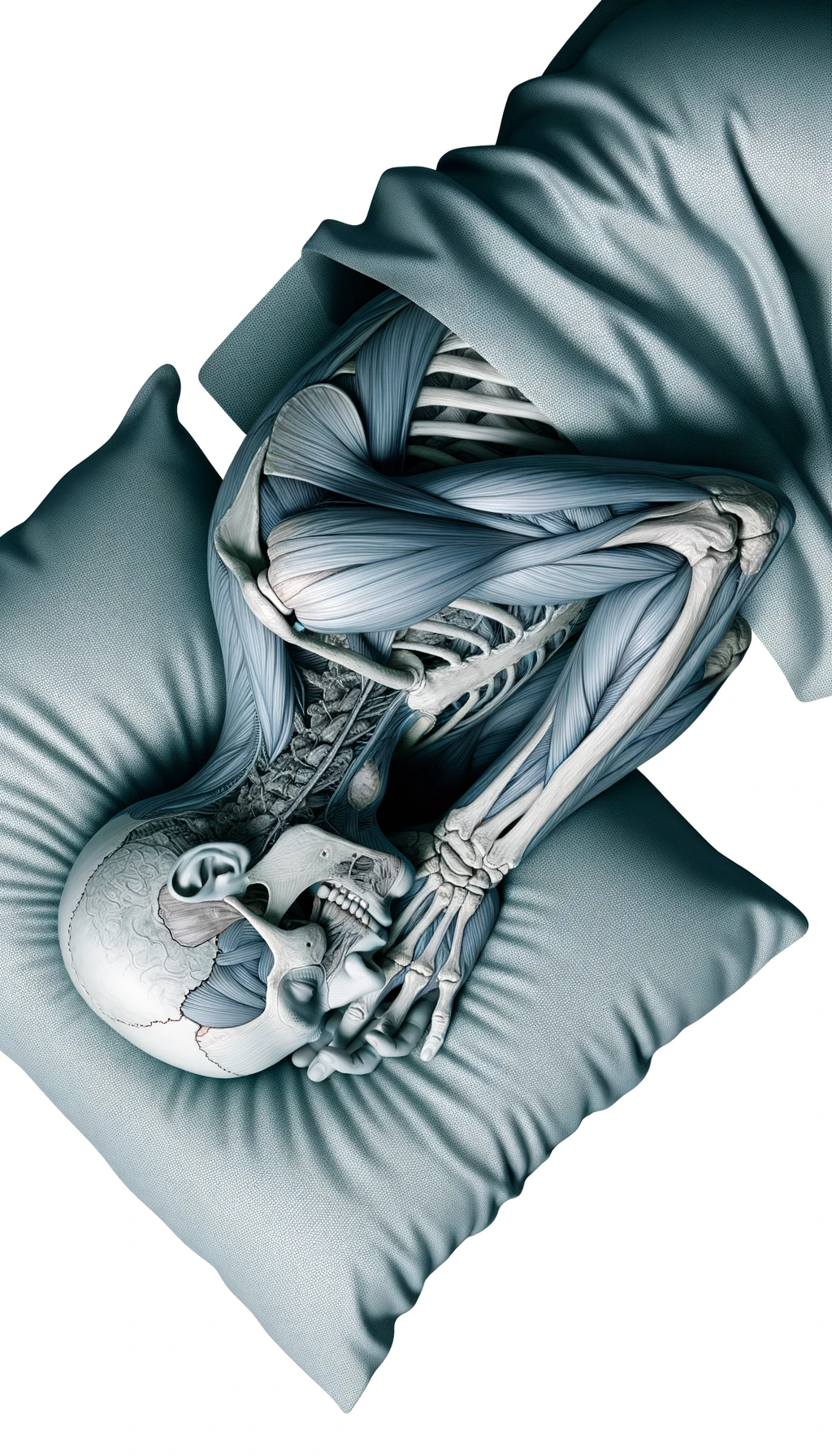 corpo umano anatomico CON TESTA SUL CUSCINO PERCHé STA DORMENDO, VISTO DALL'ALTO, ISOLATO SU SFONDO BIANCO,
 iperrealistico 4k emoji