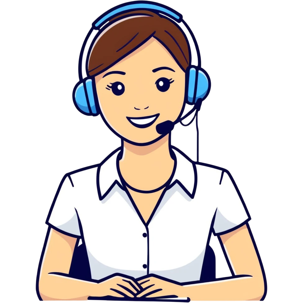 Head and upper body bust of an attractive female business woman receptionist smiling wearing a wireless headset. emoji