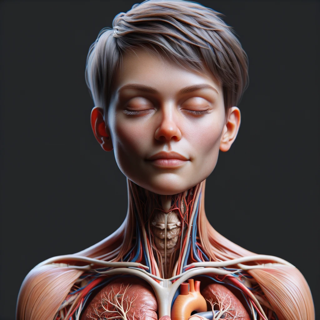 corpo umano anatomico con capelli corti in perfetta salute con gli occhi chiusi ed espressione serena, cuore e organi in evidenza, iperrealistica 4k emoji