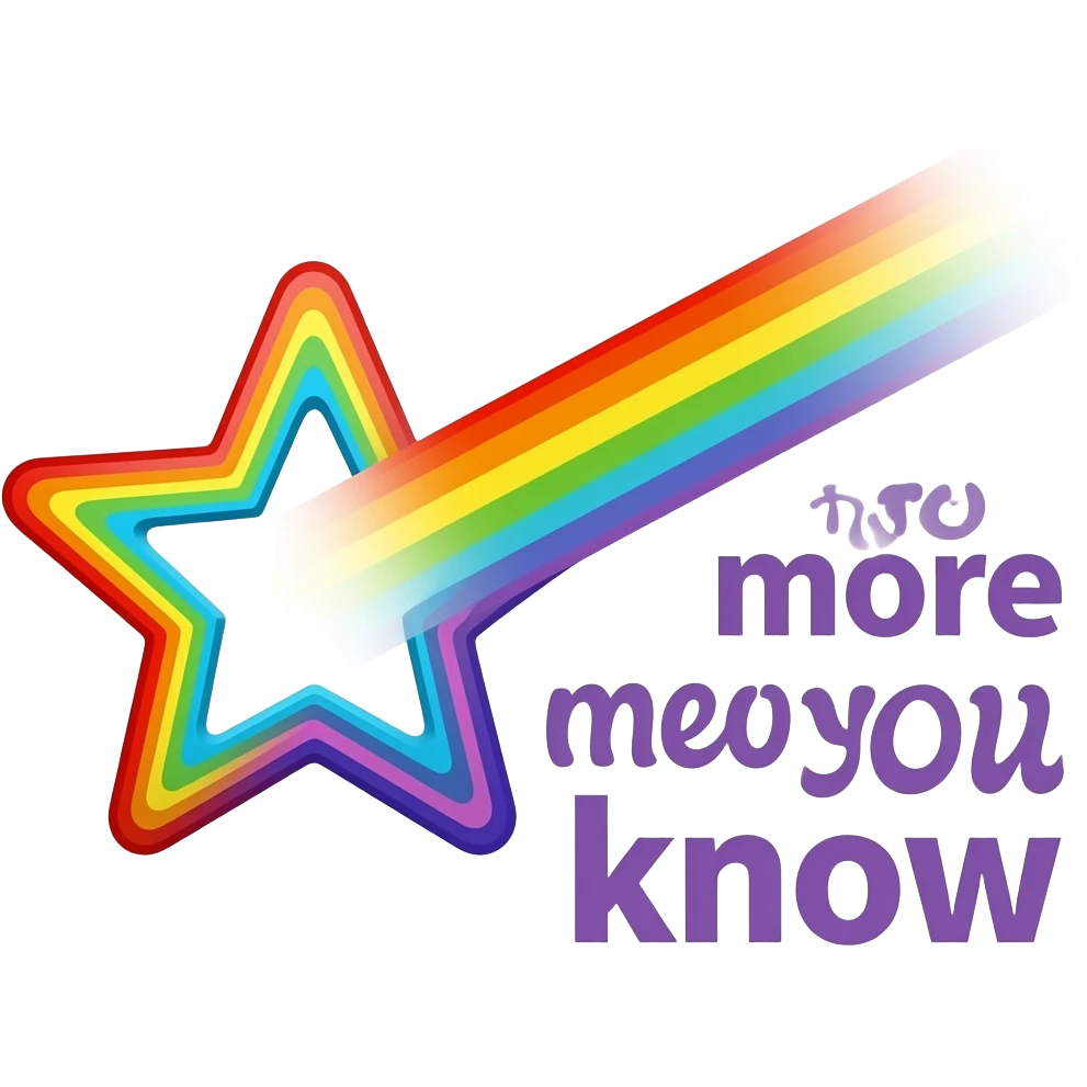 The more you know logo with a rainbow colored star outline and rainbow streak off to the right side widening with purple letters saying the more you know emoji