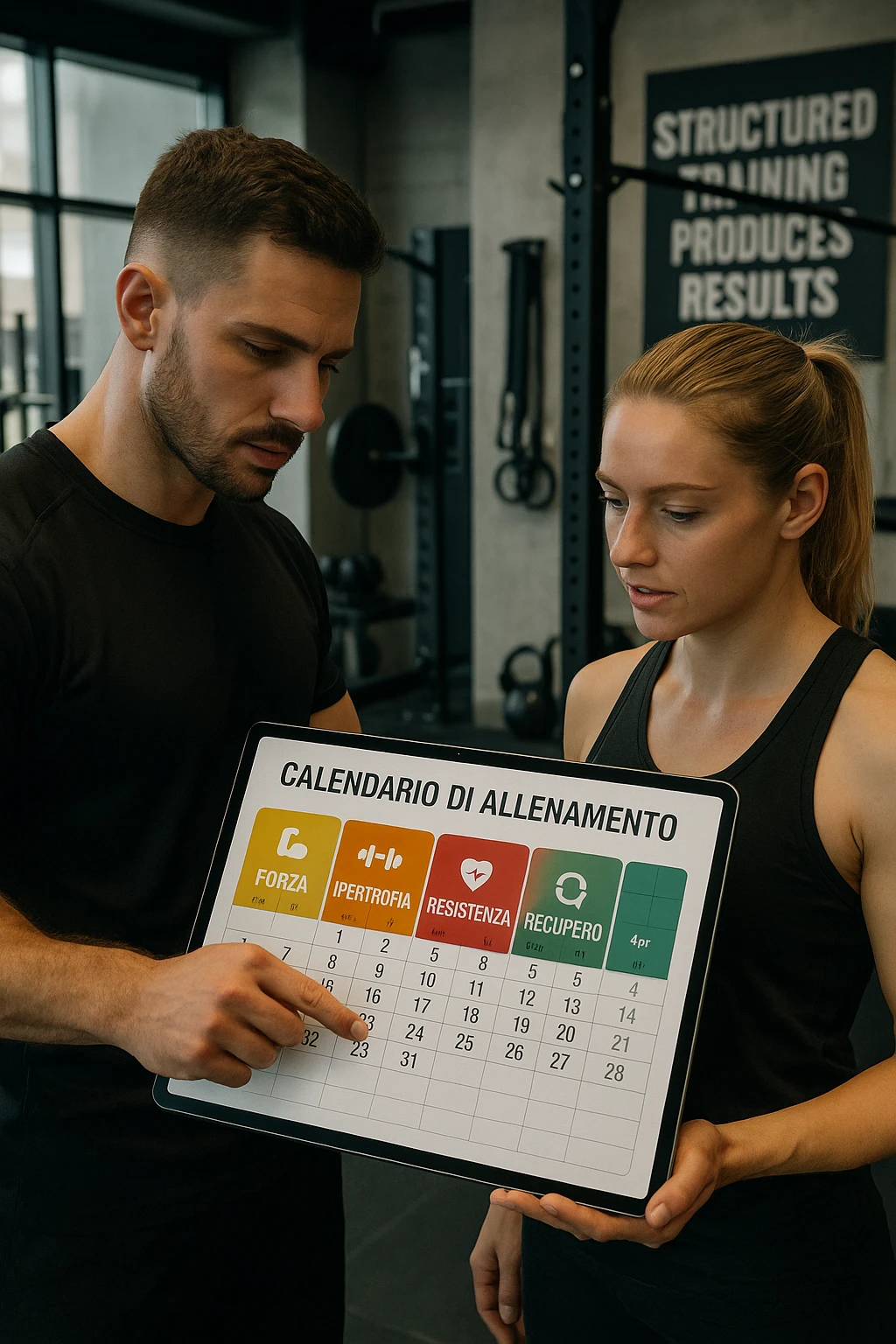 realistic cinematic photo a personal trainer and a client stand in a modern gym, reviewing a large, color-coded training calendario or chart on a tablet. The calendario shows different phases (Forza, Ipertrofia, Resistenza, Recupero) with icons and dates. Around them, gym equipment and motivational posters reinforce the idea of structured, periodized training. in italiano emoji
