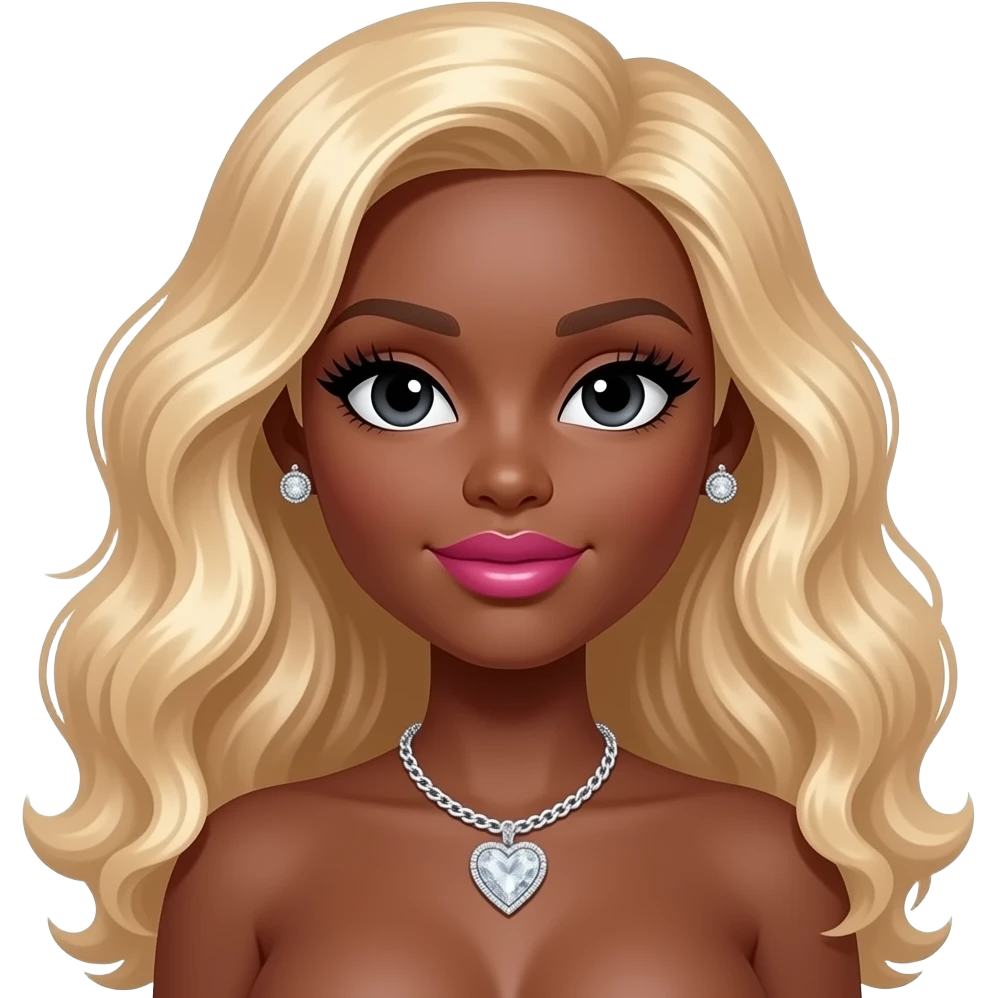 Black girl, Pink big lips, black doll eyes, dark brown skin, Long giant lashes,Doll faced shaped, silver Swarovski heart necklace, big diamond earrings studs, bimbo, black doll eyes, barbie, darker brown skin with long curly blonde hair, big breast, no bra emoji