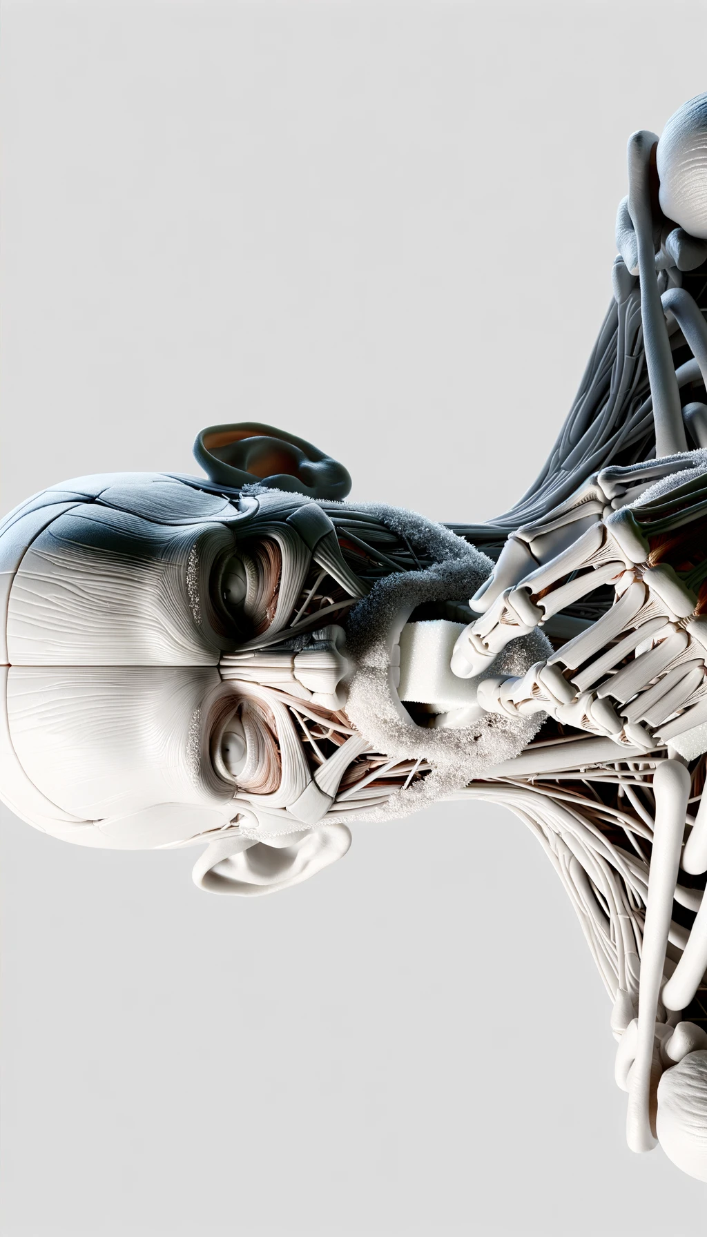 corpo umano anatomico in piedi a figura intera che mangia zollette di zucchero, posa frontale, iperrealistico 4k, isolato su sfondo bianco emoji