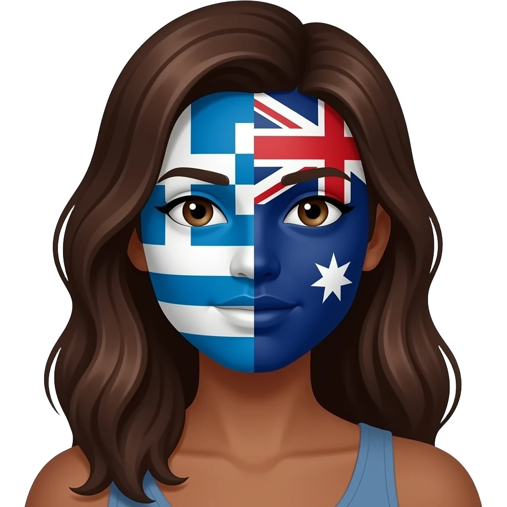 Μια λιγο σκουρόχρωμη γυναίκα με κάστανα μακριά μαλλιά που εχει στο πρόσωπο της μισή ζωγραφισμένη τη σημαία της Ελλάδας και μισή της Αυστραλίας emoji