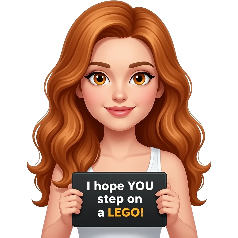sexy girl with long wavy ginger hair and ginger eyes wearing a white tanktop is holding a black colored sign with I hope YOU step on a LEGO! written on it emoji