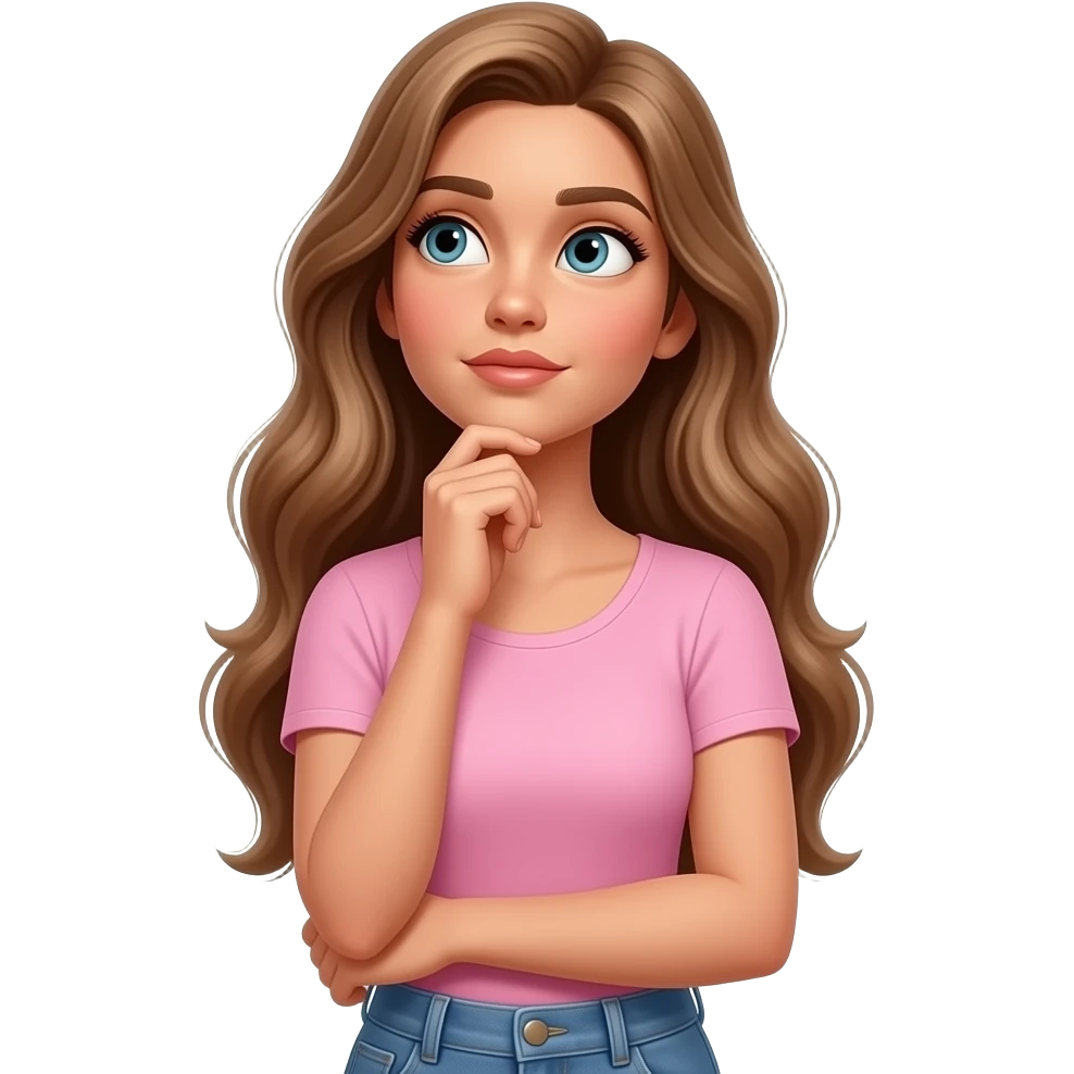Woman that looks like Rapunzel and Adriana Lima mixed together and is wearing a plain baby pink top with some jeans and is looking up and thinking and has her hand on her chin or cheek and looks realistic like a real person not fake and AI and has light brown hair and blowout emoji