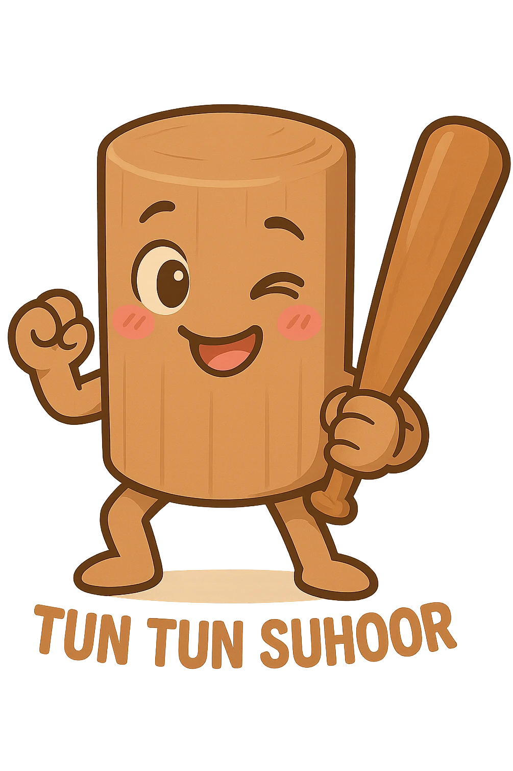 Make the chibi Tun Tun Suhoor wooden stick character look flirty, with winking cartoon eyes, a playful smile, and a blushing expression, in the chibi stickers style, with no background. emoji